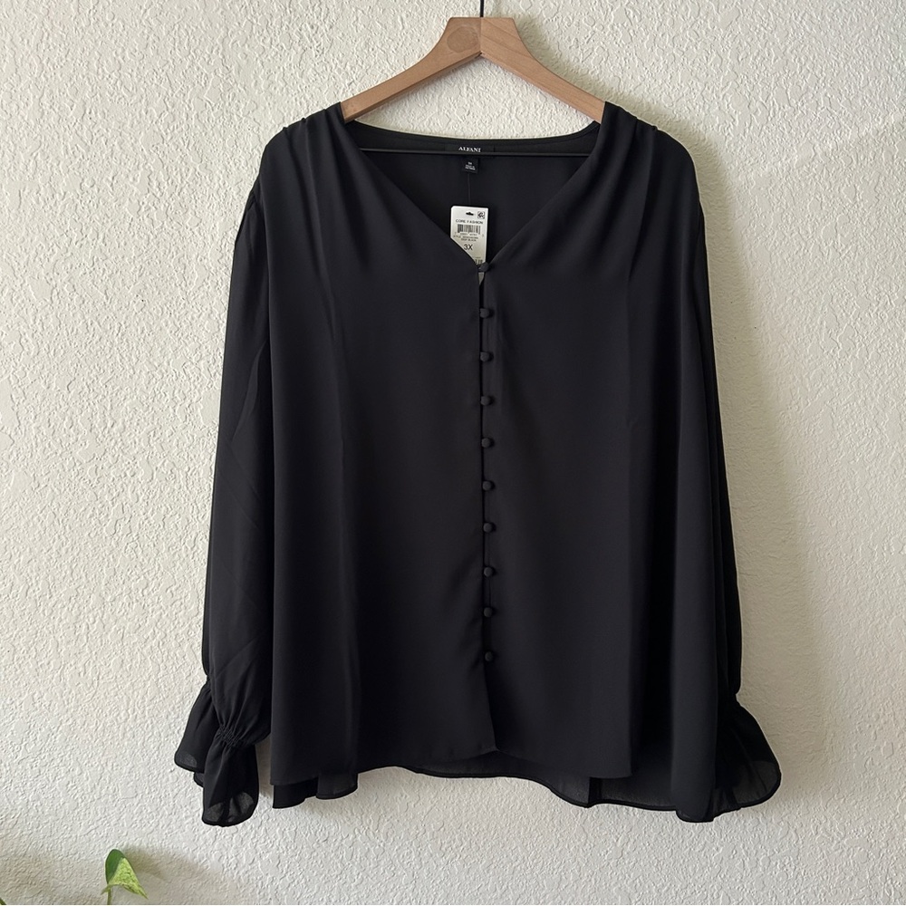 Alfani Black Long-Sleeve Button Front Blouse